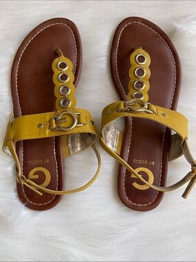 Guess by GUESS Women's Yellow gold Leather T-Strap Sandals